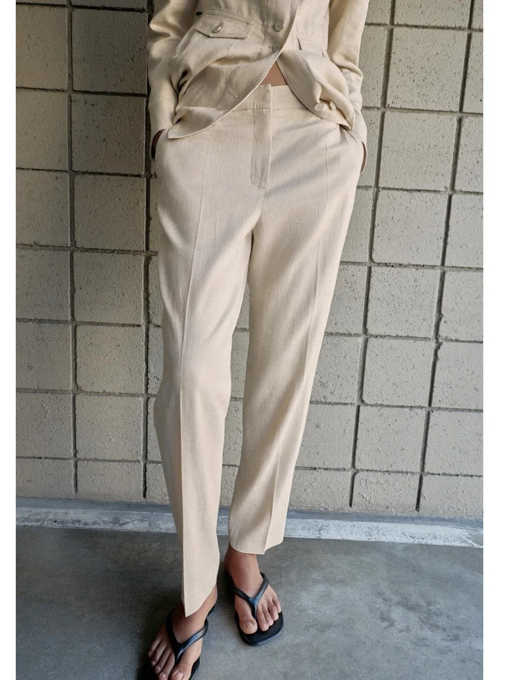 Zara SLIM FIT Cream Straight-Leg Linen Blend Trousers